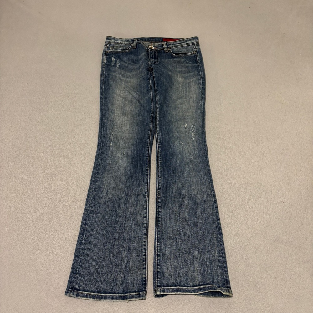 Vigoss Jeans Womens Size 28 Medium Wash Distressed Low Rise Bootcut Denim Blue